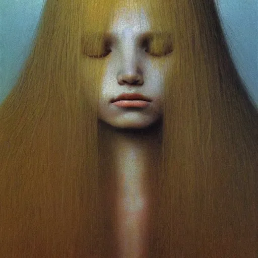 Prompt: portrait painting of teenage female queen by Beksinski, she is pale with long golden hairs. She is in golden vrown