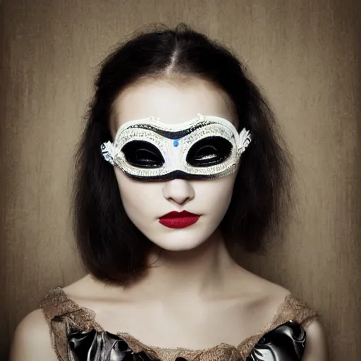 Prompt: portrait of beautiful girl wearing balenciaga venetian mask