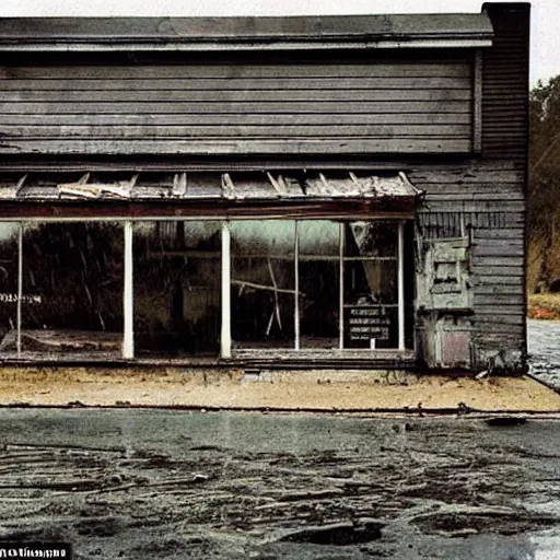 Image similar to an abandoned store's exterior in the middle of nowhere, by helen levitt, ultra detailed, rainy, beautiful