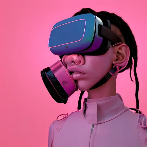 Image similar to intense futuristic bespoke vr headset respirator with long cables like dreadlocks on a set of twin humble hypebeasts, by ilya kuvshinov and james jean and sorayama and ikeuchi and hyein seo and hiroya oku and gilleard james, artstation trending, 8 k, 3 d render, photorealistic, volumetric lighting caustics, pink