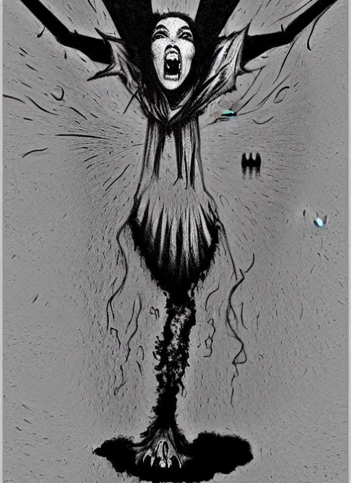 Prompt: A Scary Smiling woman reaching her arms out, in the style of Stephen Gammell