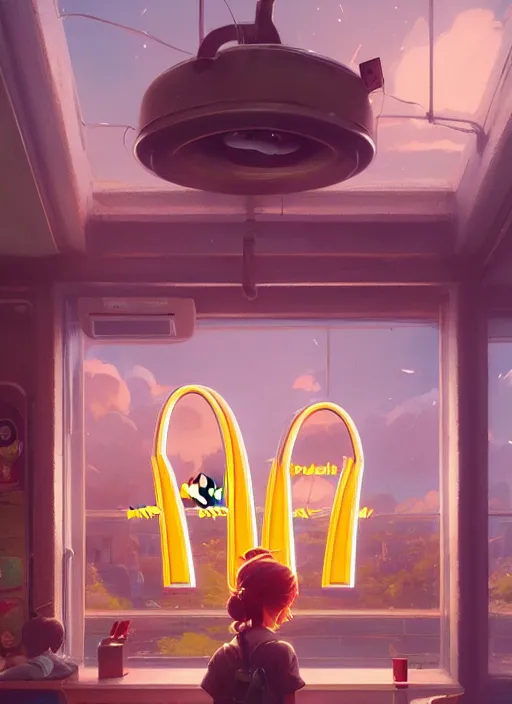 Image similar to Highly detailed McDonalds logo, Stephen Bliss, unreal engine, fantasy art by Greg Rutkowski, Loish, Rhads, Makoto Shinkai and Lois van baarle, ilya kuvshinov, rossdraws, Tom Bagshaw, global illumination, radiant light, detailed and intricate environment