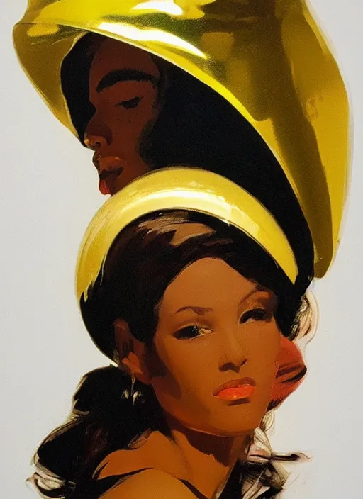 Prompt: a portrait of a beautiful girl in a gold foil hat painted by Syd Mead