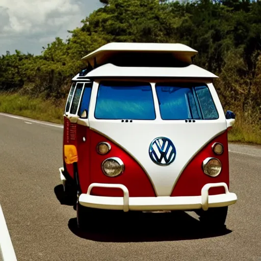 Prompt: A VW Microbus driving on a road to hotline Miami