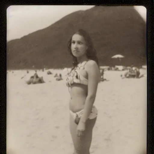 Prompt: a very beautiful old polaroid picture of a young women at the beach, award winning photography