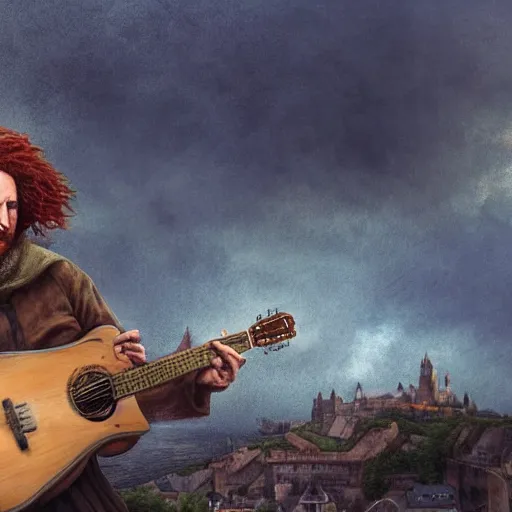 Prompt: a rugged man with curly red hair wearing a green cloak playing a guitar sitting on a roof top, medieval setting, entire city visible, zoomed out, atmospheric lighting, painted, intricate, volumetric lighting, beautiful, rich deep colours masterpiece, golden hour, digital art, by leesha hannigan, ross tran, thierry doizon, kai carpenter, ignacio fernandez rios