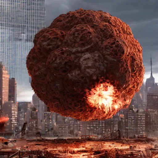 Prompt: cinematic still of giant rusty ball destroyed new york, post apocalyptic