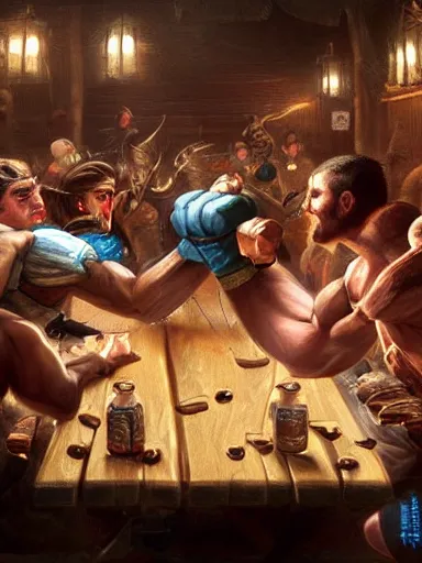 Prompt: arm wrestling while the tavern breaks into a brawl, fight free for all. intricate, elegant, highly detailed, digital painting, artstation, concept art, sharp focus, illustration, by justin gerard and artgerm, 8 k