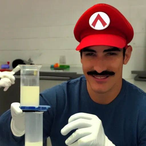 Image similar to Mario in lab doing experiments with his mushroom