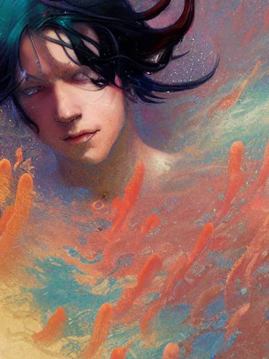 Prompt: harmony black haired merman golden fins, colorful coral, muted colors, wlop, james jean, victo ngai, highly detailed, fantasy art by craig mullins, thomas kinkade