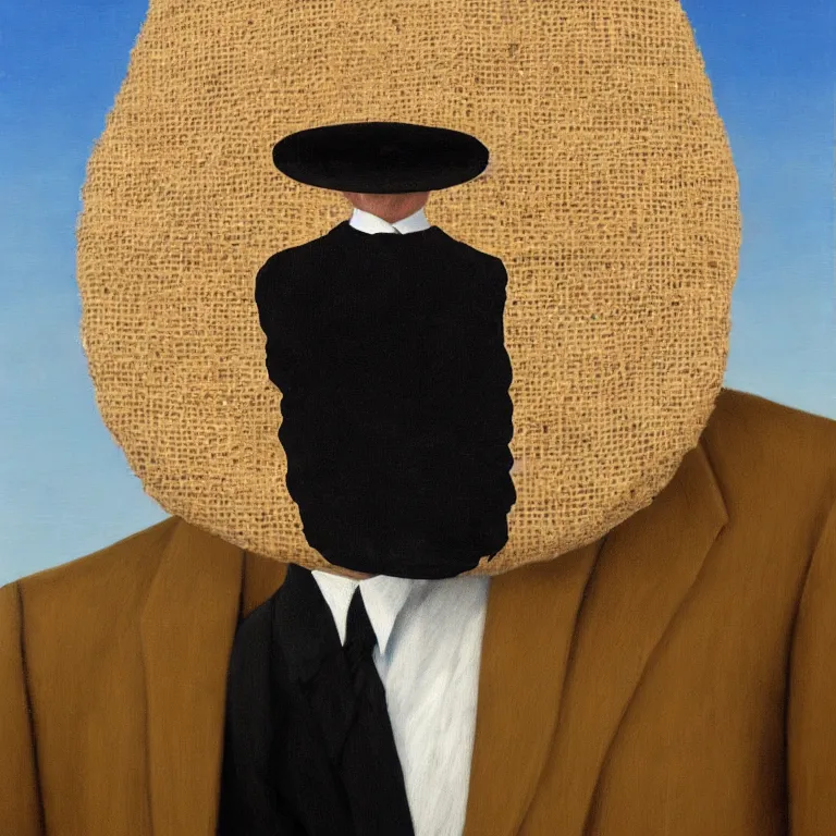 Image similar to portrait of a faceless burlap sack - head man in a suit, clouds in the background, by rene magritte, detailed painting, distance, centered, hd, hq, high resolution, high detail, 4 k, 8 k