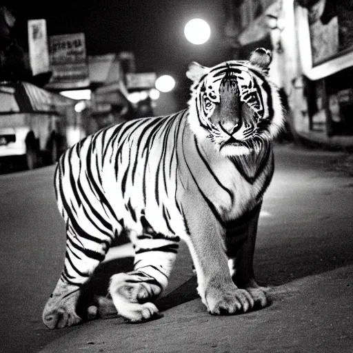 Image similar to retro photograph of a tiger smoking a cigarette in the streets of Dhaka at night, Kodak film photo