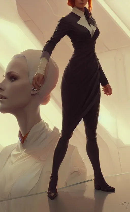 Image similar to Female in office dress, sci-fi, highly detailed, digital painting, artstation, concept art, smooth, sharp focus, illustration, art by artgerm and greg rutkowski and alphonse mucha
