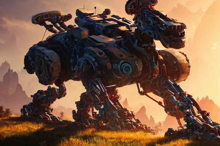 Image similar to rollerback machine mecanical creature robot of horizon forbidden west horizon zero dawn radiating a glowing aura global illumination ray tracing hdr fanart arstation by ian pesty and alena aenami artworks in 4 k