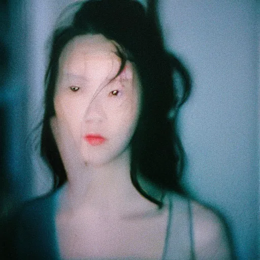 Image similar to A gorgeous woman’s face shattered, blurred city background, captured in low light, cinestill 800t