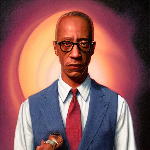 Image similar to Portrait of Gus fring by gerald brom, full body, light pink sunrise, calm atmosphere