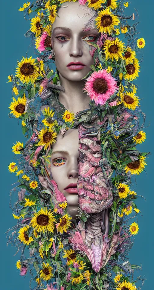 Prompt: cinema 4d colorful render, organic, ultra detailed, of a painted realistic face with growing sunflowers , scratched. biomechanical cyborg, analog, macro lens, beautiful natural soft rim light, smoke, veins, neon, winged insects and stems, roots, fine foliage lace, pink and pink details, Alexander Mcqueen high fashion haute couture, art nouveau fashion embroidered, intricate details, mesh wire, computer components, motherboard, floppy disk eyes,mandelbrot fractal, anatomical, facial muscles, cable wires, elegant, hyper realistic, in front of dark flower and feather pattern wallpaper, ultra detailed, 8k post-production
