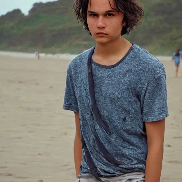 Prompt: teenage frank dillane at the beach, realistic, intricate, detailed