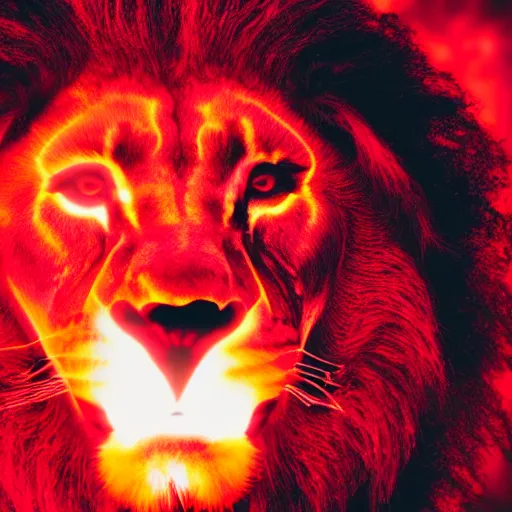 Image similar to anonymous lion face, closeup of face, volumetric lighting, face encircled by fire, crimson - black color scheme