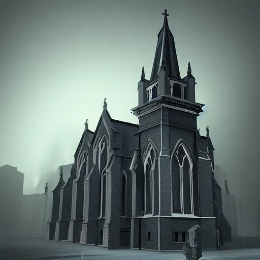 Image similar to victorian church in the middle of the city, dark, misty, at night, 8 k, detailed, concept art, trending on artstation