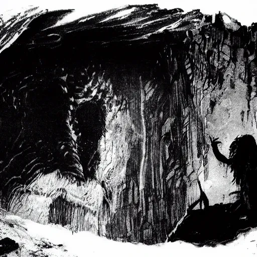 Prompt: close up portrait of an troll inside a cave kvlt by peder balke by peder balke by greg rutkowski, by guido crepax by norman bluhm mystic high contrast monochromatic noir