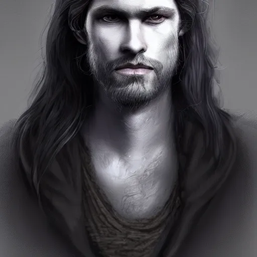 Prompt: a highly detailed portrait of a man without a beard, purple eyes, light gray long hair, wearing a black cloak, artstation, DeviantArt, professional, digital art