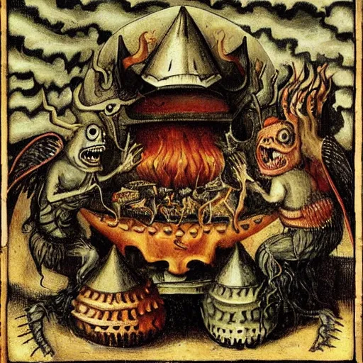 Image similar to monsters consumed transformed transmutation in a fiery alchemical cauldron, painted by bosch hell creatures