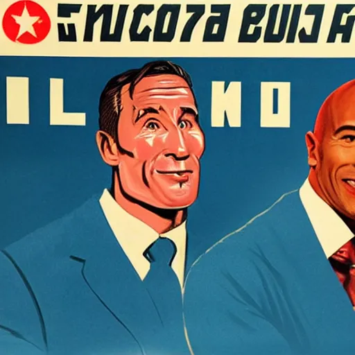 Prompt: soviet propaganda poster of bill nye and dwayne the rock johnson