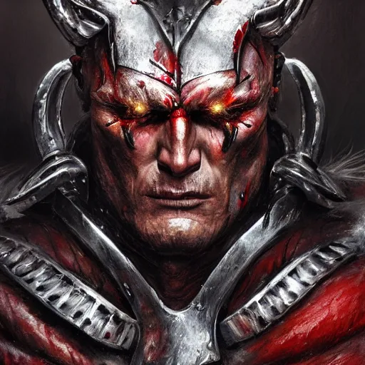 Image similar to closeup portrait shot of dolph lundgren as khorne, the blood god, lord of skulls, kharneth, battle, rage, highly detailed, digital painting, artstation, concept art, soft focus, depth of field, artgerm, tomasz alen kopera, peter mohrbacher, donato giancola, wlop, boris vallejo