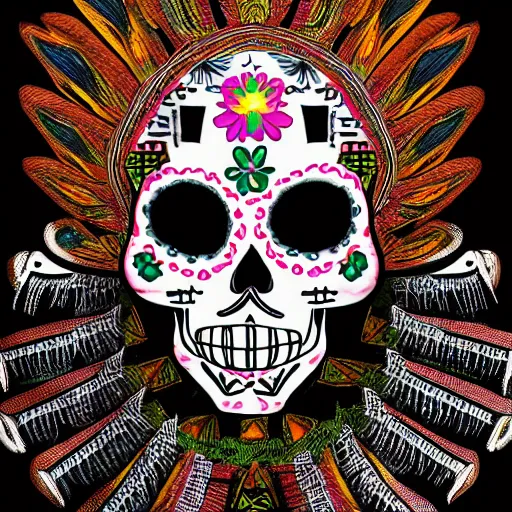 Prompt: new born baby, self - portrait, symmetry, intricate, dia de los muertos, skull mask, aztec ultra detailed feathered dress 4 k resolution