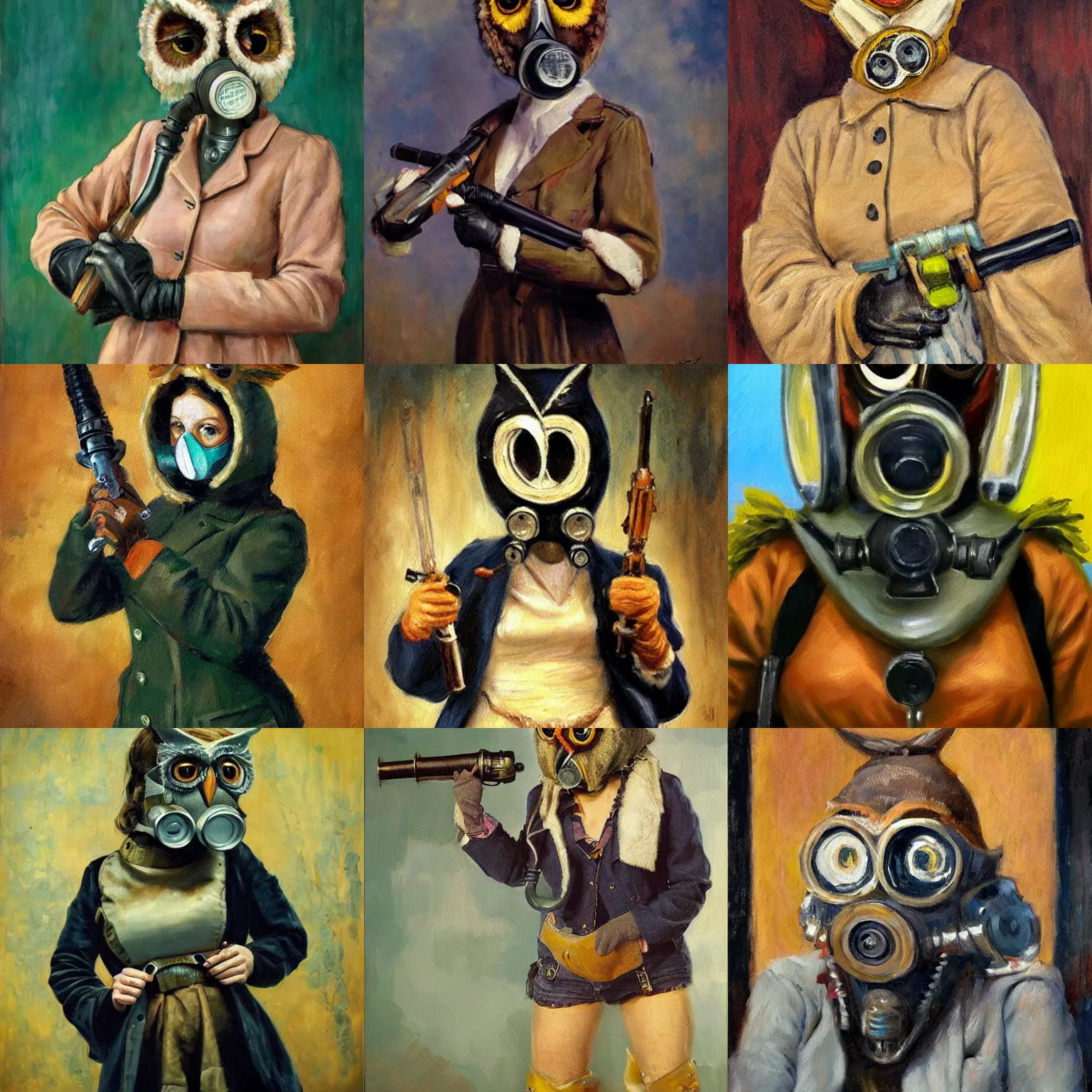 Prompt: an hd impressionist portrait painting of a woman in an owl costume mask retrofitted with a gas mask. she is wearing a jacket, and is brandishing a weapon in a threatening manner.