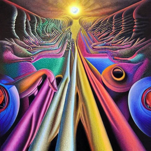 Prompt: a hyperrealistic painting of pink floyd by Alex Grey,