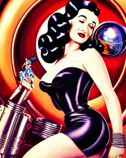 Prompt: closeup beautiful retro space dita von teese varga girl, posing on a chrome space ship in dieselpunk city, windblown dark hair, retro pinup, seductive, 1 9 4 0, hyper detailed, digital art, smooth, sharp focus,