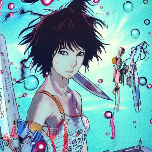 Image similar to anime of a punk cyborg woman, large knife,, water particles floating in the air, finely detailed facial features, weathered drawing, film grain, bright neon lighting, dark pastel colors, drawn by satoshi kon, katsuhiro otomo