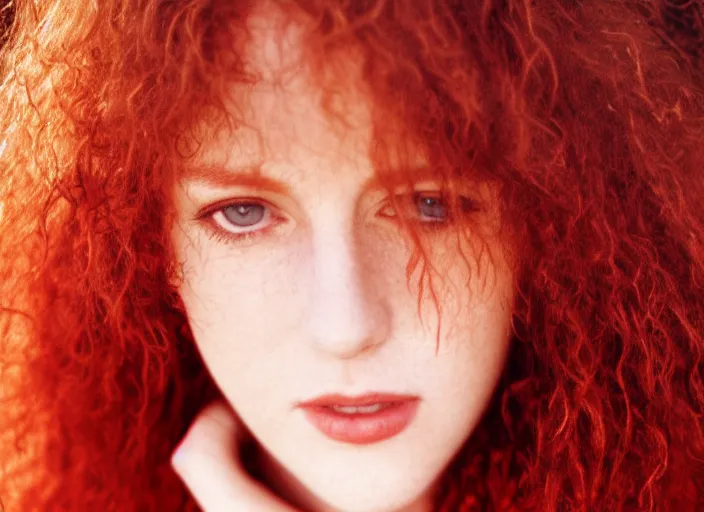 Image similar to award winning 3 5 mm face close up portrait photo of a redhead with blood - red wavy hair in a park by luis royo