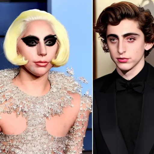 Image similar to timothee chalamet and lady gaga meet eachother, highly beautiful faces, highly detailed