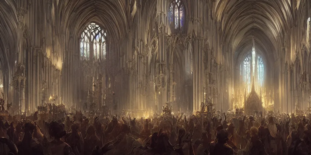 Prompt: dancing in a cathedral, superwide angle, D&D, fantasy, intricate, cinematic lighting, highly detailed, digital painting, artstation, concept art, smooth, sharp focus, illustration, art by Greg Rutkowski