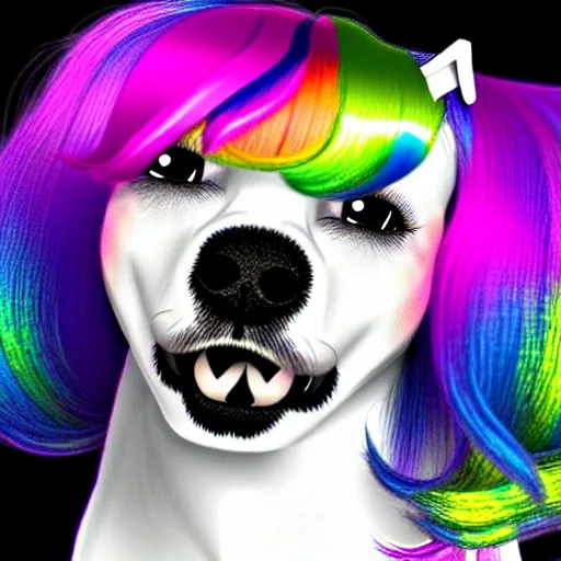 Image similar to an emo dog with rainbow hair, sparkles, deviantart, low quality