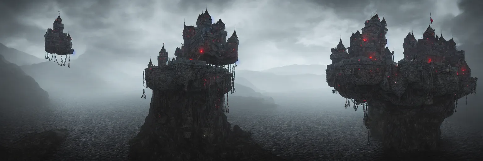 Prompt: cinematic view of floating castle hanging by chains in the air, in between a gorge, below only cloud dark void, 8 k resolution, octane,