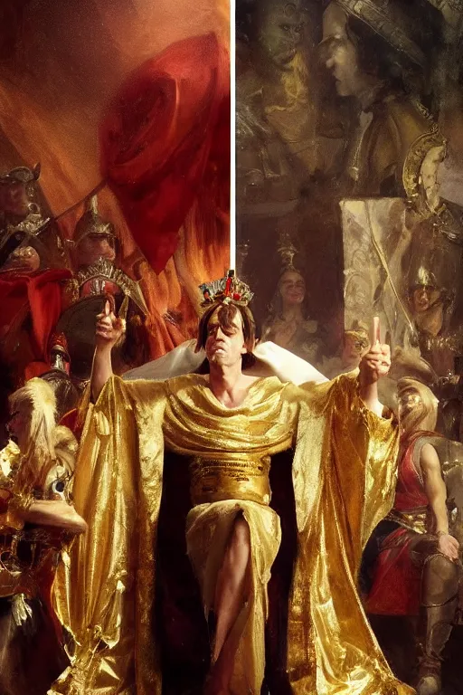 Image similar to beautiful portrait oil painting, steve buscemi wearing a golden wreath crown in royal crimson robes enthroned as the god emperor of ancient rome, mid - shot, by anders zorn, wonderful masterpiece by greg rutkowski, beautiful cinematic light, american romanticism, by thomas lawrence, greg rutkowski