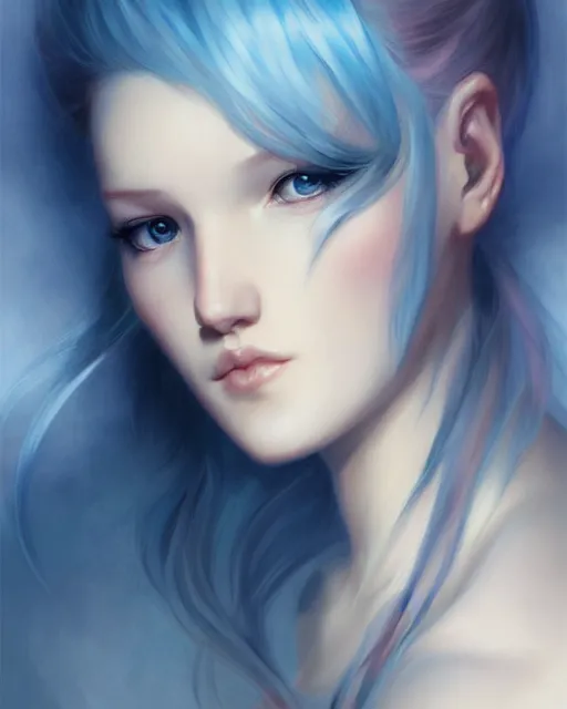 Image similar to Portrait by Charlie Bowater and Ross Tran, blue hair, soft colors, pastels