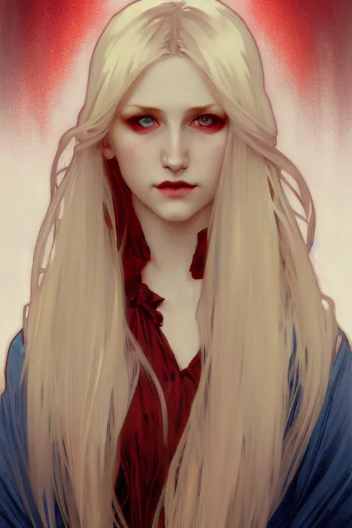 Image similar to portrait of a beautiful young fit girl vampire with long blonde hair and blue eyes, wearing a dress, by greg rutkowski and alphonse mucha, d & d character, gradient white to red, modern nocturnal background, highly detailed portrait, digital painting, artstation, concept art, smooth, sharp focus ilustration, artstation hq