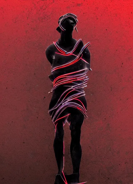 Prompt: dark design poster showing a beautiful greco roman statue, black background with very subtle red and purple design elements, powerful, nekro, vito acconci, thin straight lines, dark, glitch art, neo vaporwave, gritty, layout frame, square, trending on artstation