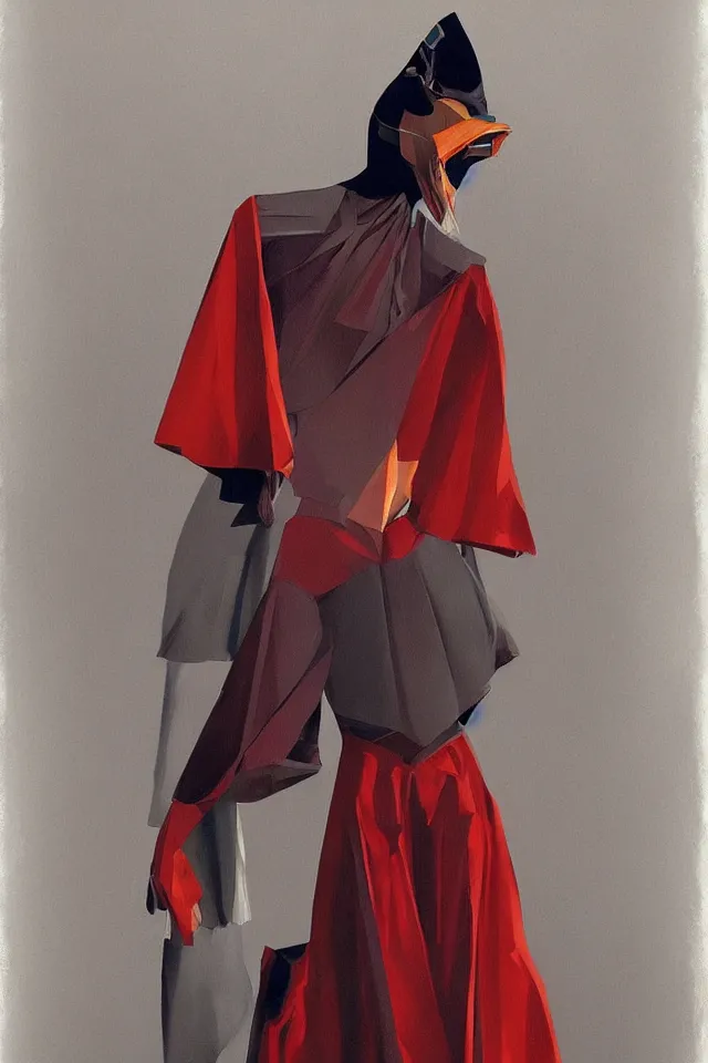 Image similar to sfumato renaissance oil painting of a modern shaman, modern minimal isei miyake outfit, in the style of vogue, syd mead, concept art