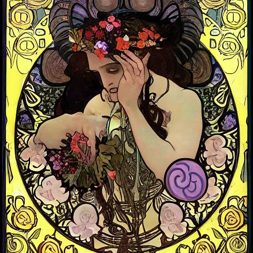 Prompt: persephone as goddess of death and flowers, dark atmosphere, painted by alphonse mucha