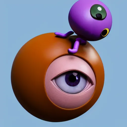 Image similar to photo of a comically tiny clay model of character with large spherical purple head and large childlike eyes with comically tiny body and spindly limbs leans close to the camera, fish eye lens, 4 k, hyper realistic, hyper detailed face, octane render, comedic, cute