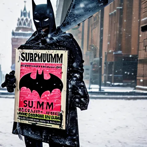 Image similar to batman wearing a sandwich board that is advertising slurm soda, rule of thirds, photograph, ultra detailed, crispy, overcast, snowing, moscow, gritty.