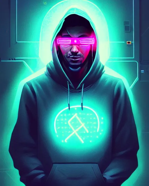 Prompt: cyberpunk synth, hyper - realistic portrait of a man in a hoodie with detailed neon mask, cyberpunk, intricate, digital painting, by atey ghailan, by greg rutkowski, by greg tocchini, by james gilleard, by joe fenton, by kaethe butcher, dynamic lighting, gradient light blue, lighting color scheme, sharp focus, grunge aesthetic