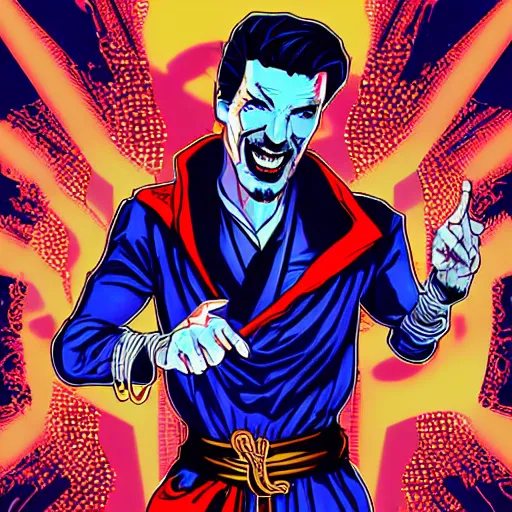 Image similar to artgerm, psychedelic laughing cybertronic dr. strange, rocking out, headphones dj rave, digital artwork, r. crumb, svg vector