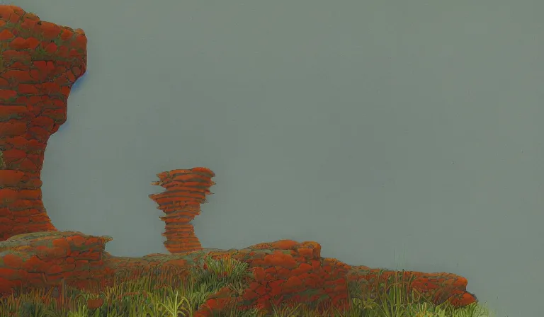 Image similar to A serene landscape with a singular building in the style of Roger Dean.